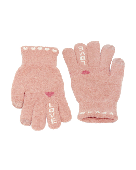 Γάντια πλεκτά σομόν με καρδούλες λευκές