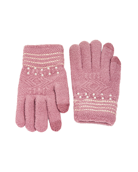 Γάντια πλεκτά ροζ με πέρλες και ρίγες