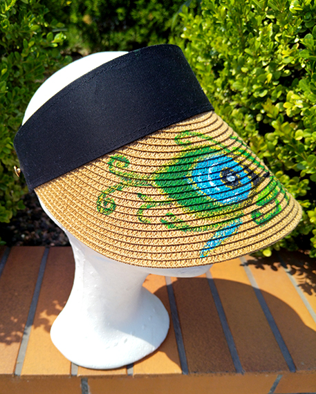 Καπέλο γυναικείο, visor με χειροποίητη ζωγραφιά Peacock Feather