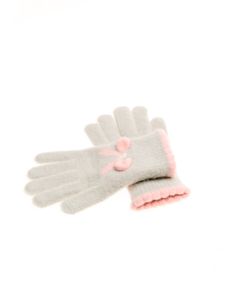 Γάντια πλεκτά γκρι με φιογκάκι ροζ