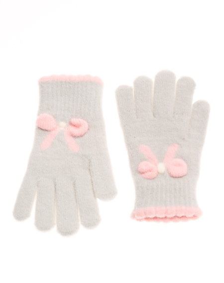 Γάντια πλεκτά γκρι με φιογκάκι ροζ
