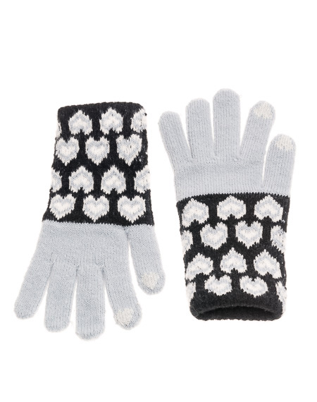 Γάντια πλεκτά γκρι μαύρα με καρδούλες δίχρωμες